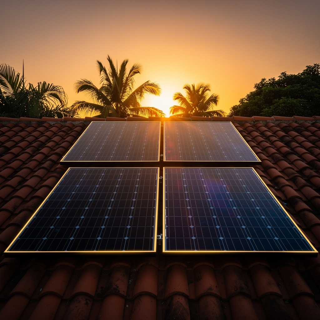Paneles solares en techo de casa en México al atardecer